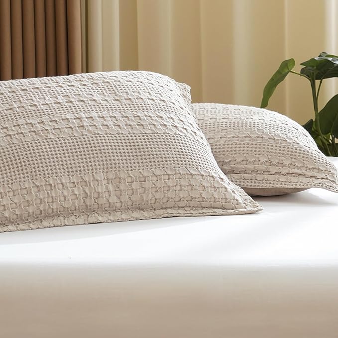 PHF 100% Cotton Ruffle Waffle Pillow Shams Standard Size, 2 Pack 20" x 26" Soft Skin-Friendly Pillowcases, No Filling, Aesthetic Home Decor, Breathable Waffle Weave Bed Pillow Covers, Oatmeal