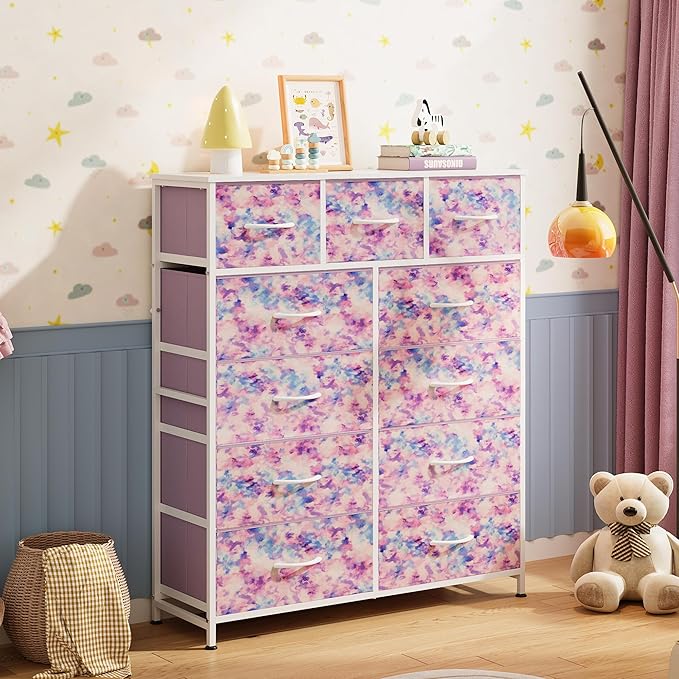 WLIVE Storage Organizer Unit with 11 Fabric Bins, Storage Drawers Organizer with Steel Frame, Tall Storage Tower Organizaton for Living Room, Hallway, Office, Tie-dye Print (Pink, Purple, Blue)