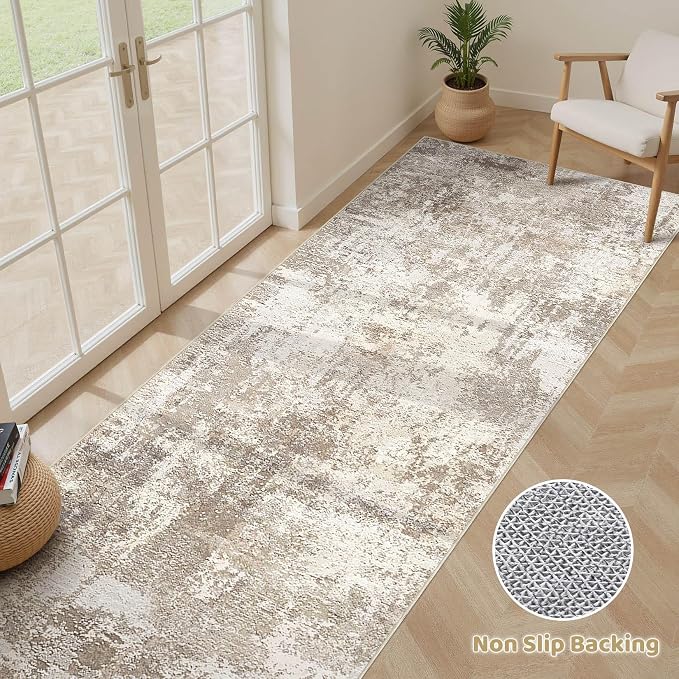 Runner Rug Kitchen Washable Rugs: 2x6 Non-Slip Abstract Soft Modern Stain Resistant Indoor Floor Neutral Accent Throw Carpet for Hallway Bathroom Laundry Room Entryway Bedroom- Beige Brown