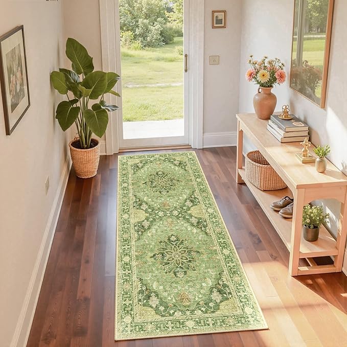 RELEANY Area Rugs 2'x6' Runner Rug Non Slip Washable for Kitchen Hallway Bedroom Beside Laundry Room Bathroom Rug, Floor Carpet, Sage Green Yellow