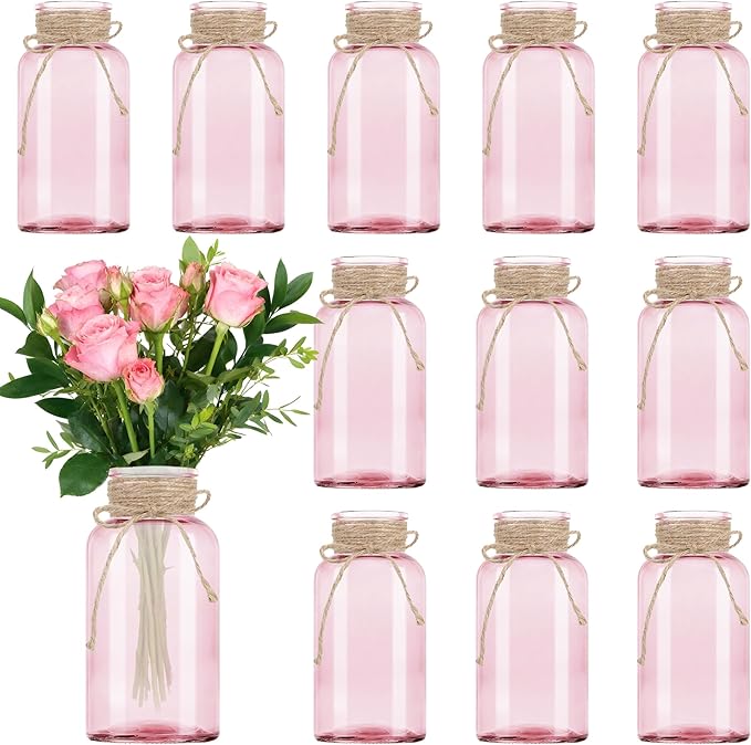 Vintage Glass Flower Vase, Farmhouse Glass Centerpiece Vases Mason Jars for Weddings, Parties & Home Decor Bulk (12, Pink)
