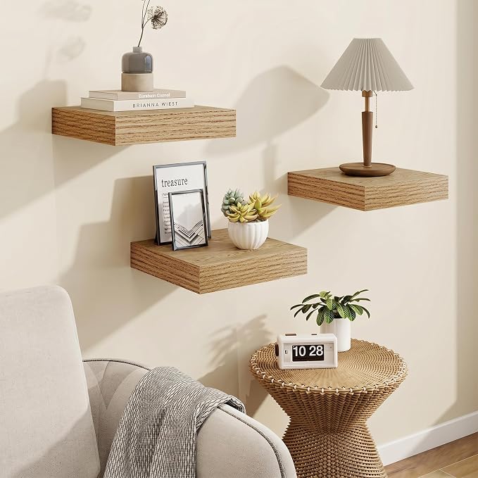 Marsmiles Square Floating Shelves for Wall, 8" W x 8" D x 1.25" H, 3 Pack Small Wall Mounted Engineered Wood Shelves with Invisible Brackets for Living Room, Bedroom, Bathroom, Kitchen Decor,Cedar