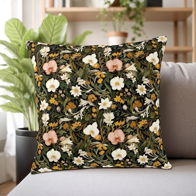 Spring Summer Botanical Throw Pillow Covers Dark Floral Pillow Covers 16x16 Set of 2 Boho Flower Farmhouse Pillow Cases Wildflower Cushion Cases for Home Bedroom Living Room