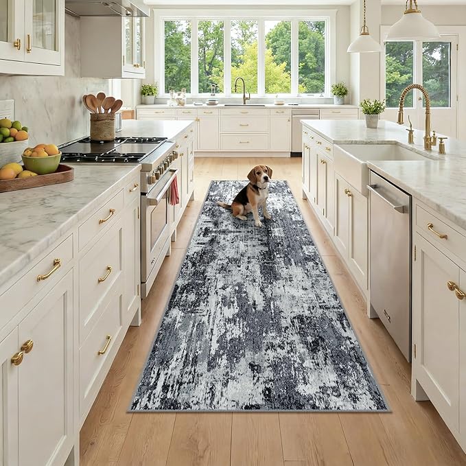 RELEANY Washable Area Rugs 2'6''x8 Non-Slip Modern Abstract Soft for Living Room Entryway Bedroom Nursery, Print Pattern, Black Navy Blue Gray