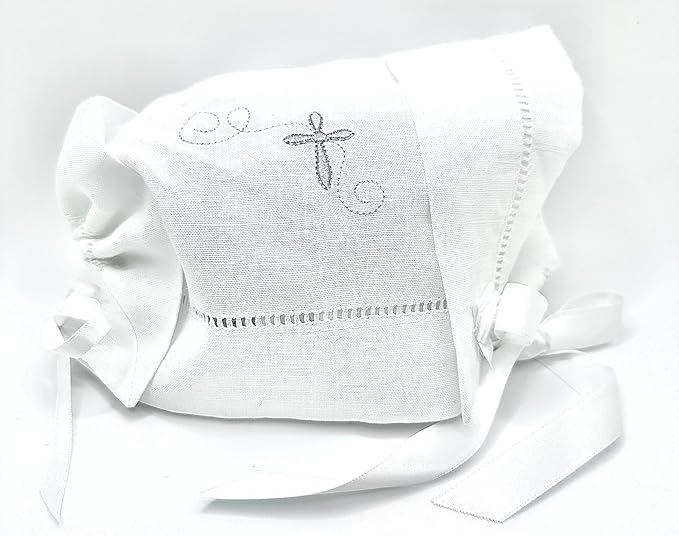Integrity Designs Baby Linen Keepsake Cross Embroidered Handkerchief Christening/Baptism Bonnet and Gift Card with Envelope