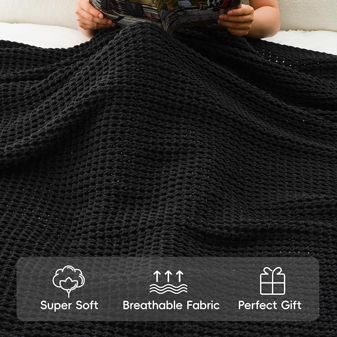 Bunnikins & Clover Black Waffle Knit Throw Blanket, Cozy Stylish Black Blanket for Sofa Bedroom, Home Decor, 50"x60"