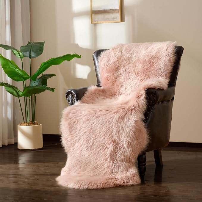 Premium Genuine Sheepskin Area Ruge - Real Wool Fur Shaggy Carpet | Fluffy Soft Natural Lambskin Rug Seat Chair Covers for Couch Sofa Bedroom Living Room(Pink,2×6 Feet Sheepskin)