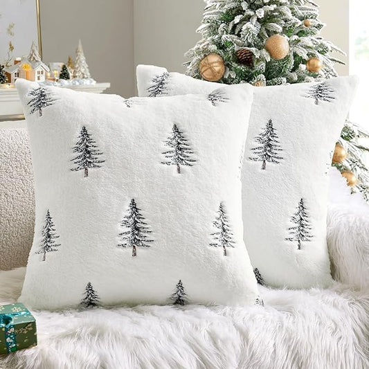 MIULEE Christmas Decorative Pillow Covers Set of 2 Faux Fur Throw Pillows with Embroidered Christmas Tree 18x18 Inch White Black Winter Couch Covers for Festival Sofa Bedroom Living Room Home Decor
