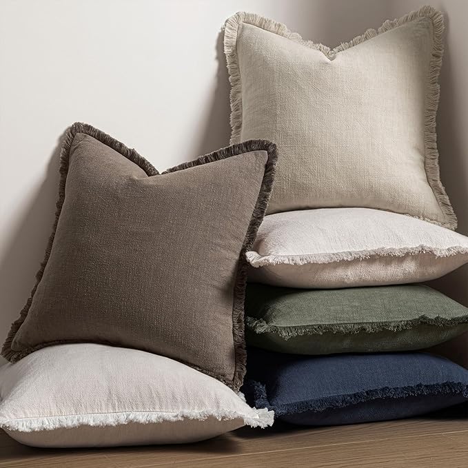 MIULEE Decorative Throw Pillow Covers Neutral Linen Fringe Throw Pillows Set of 2 Natural Coffee Boho Farmhouse Cushion Covers with Tassels for Couch Sofa Bed Living Room Spring Decor 20x20 Inch