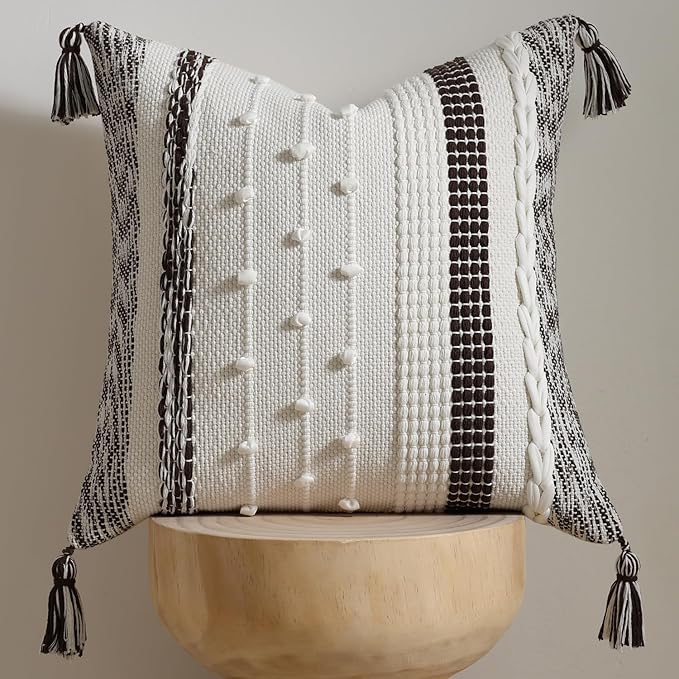 DEZENE Boho Pillow Cover 18x18 Chocolate Brown - Handmade Woven Textured Throw Pillow Case with Cordings & Tassels, Decorative Accent for Couch Sofa Bed Farmhouse Living Room Bedroom Home Decor