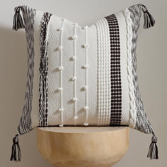 DEZENE Boho Pillow Cover 18x18 Chocolate Brown - Handmade Woven Textured Throw Pillow Case with Cordings & Tassels, Decorative Accent for Couch Sofa Bed Farmhouse Living Room Bedroom Home Decor