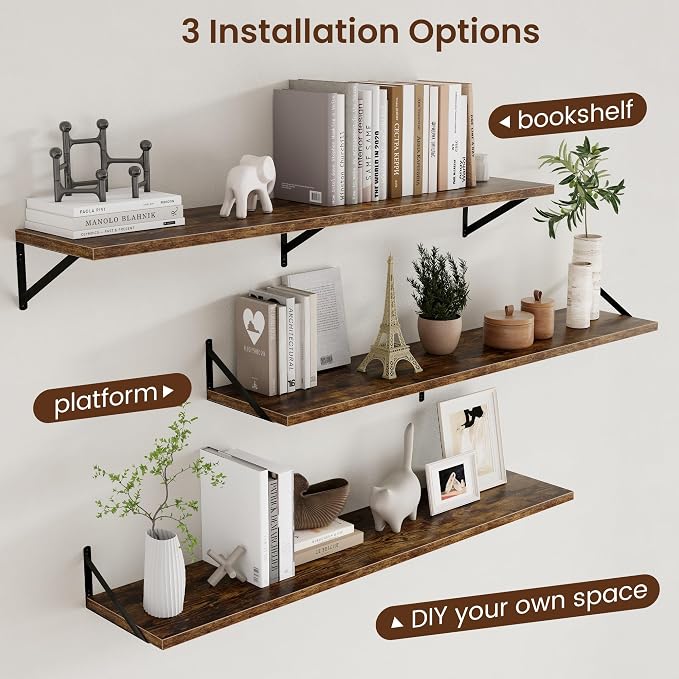 Axeman 12 Inch Deep Floating Shelves for Wall - 55 Inch Wide x 12 Inch Deep Wall Shelves Set of 2 - Rustic Wood Floating Shelves for Living Room