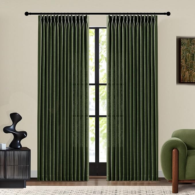 Olive Green Christmas Curtains for Living Room Pinch Pleated Linen Curtain 84 Inches Long, Light Filtering Pleat Drapes Thick Moss Loden Semi-Sheer Curtain with Hooks for Bedroom Dining Room 2 Panels