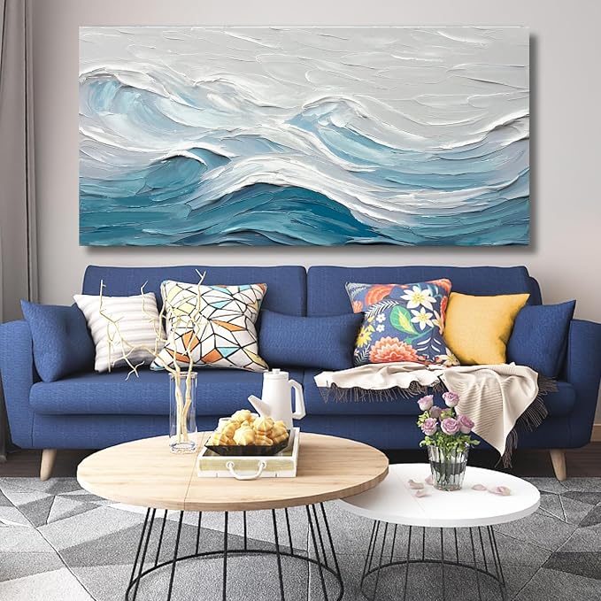 TRAIN2 ART Abstract Wall Art for Living Room Blue and White Ocean Paintings Wall Decor Modern 3D Textured Canvas Wall Art Large Artwork for Living Room Bedroom Office 24"x48"