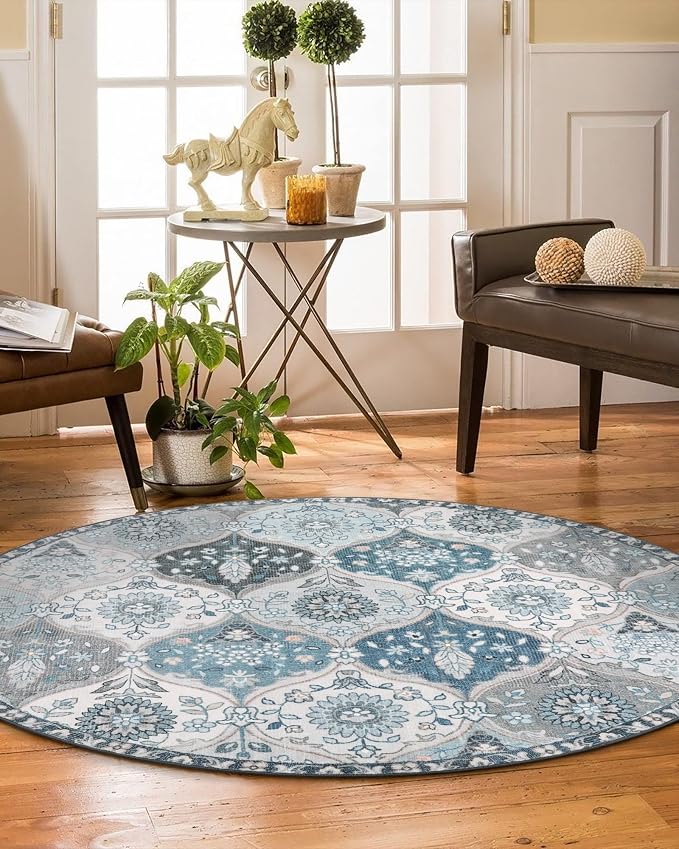 Lahome Moroccan Washable Round Rug, Soft Vintage Small Round Rug 3ft Non-Slip, Ultra-Thin Distress Circle Carpet for Entryway Bathroom Bedroom Kitchen Elise, Blue