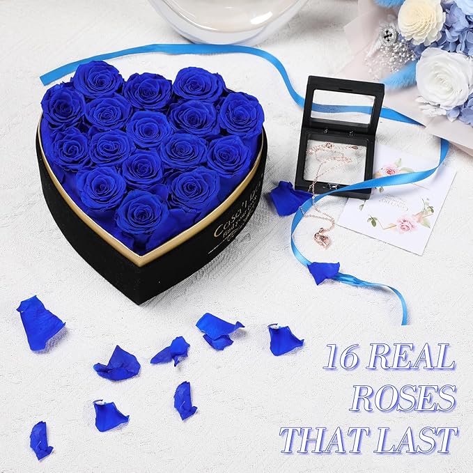 Casaido Preserved Roses Flowers for Delivery 16 Pcs, Mothers Day Rose Gifts for Her, Forever Flores in Heart Box with Necklace, Anniversary Birthday Christmas Vanlentine Gift for Wife Girlfriend, Blue