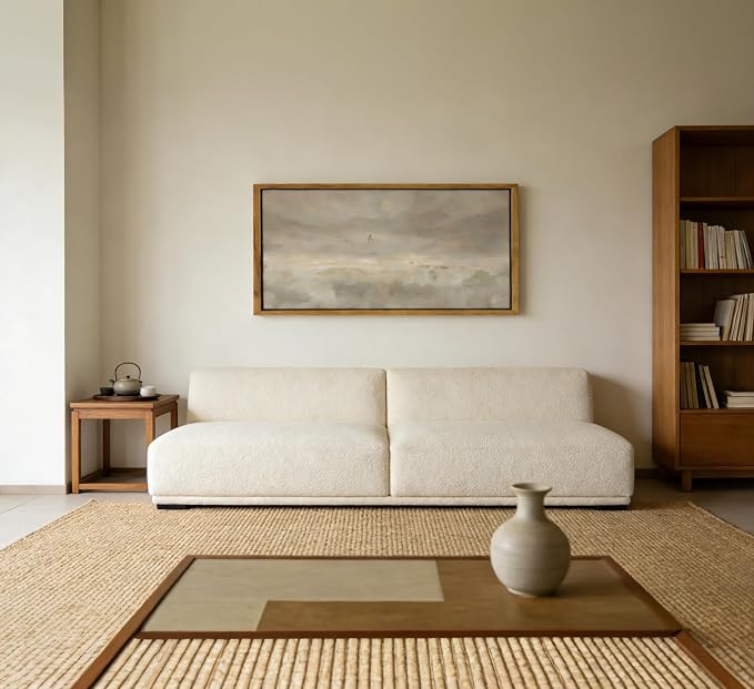 Wood Framed Jesus & Sheep Wall Art, Large Minimalist Christian Painting Canvas Prints, Jesus Leaves the 99 Sheep Picture, Modern Beige Religious Landscape Artwork for Bedroom Prayer Room 20×40 in