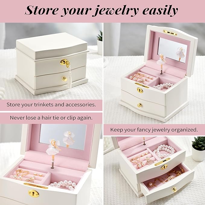 Ballerina Musical Jewelry Box with Mirror for girls，Kid's Jewelry Storage Music Chest (White-L)