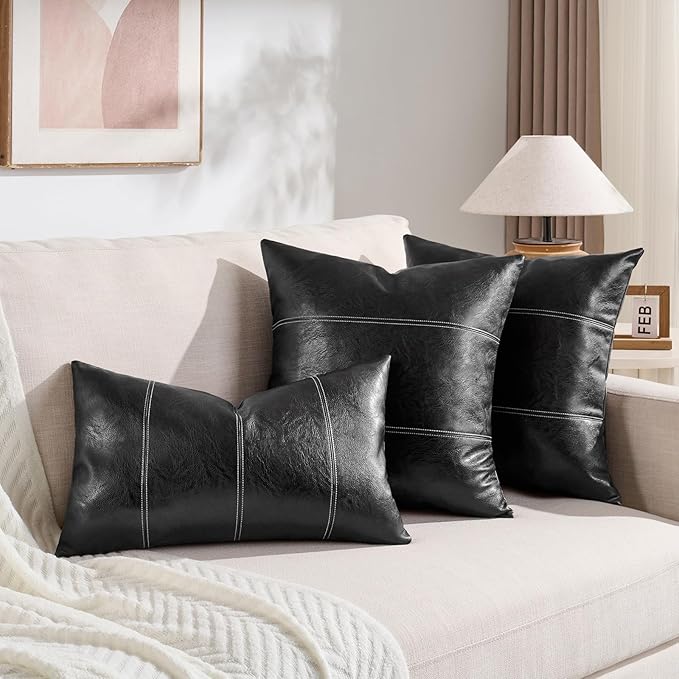 Fancy Homi Black Lumbar Faux Leather Decorative Throw Pillow Covers 12x20 Inch for Living Room Couch Bed Sofa, Boho Farmhouse Home Decor, Hand Stitched Rectangle Cushion Case 30x50 cm