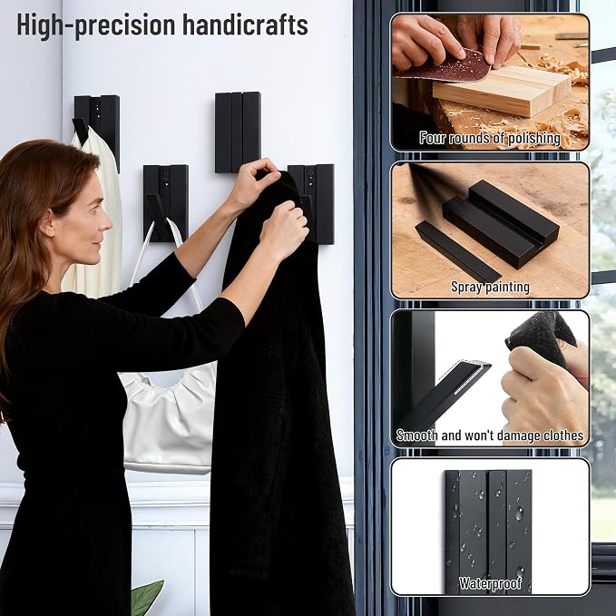 Folding Wall Hooks 4Pack: Black Modern Wooden Coat Hooks Mount for Heavy Duty Hanging Towels Backpack Bags Hats, Space Saving Minimalist Decorative Entryway Hanger for Aesthetic Homeowner