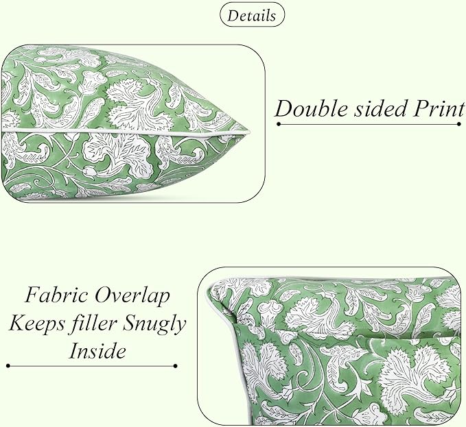 Ridhi Block Print Sage Green Pillow Cover 18" x 18" (Pack of 2) Decorative Couch Pillows for Living Room, Chic Boho Cute Outdoor Pillows Covers Gifts for Spring, Easter and Valentine