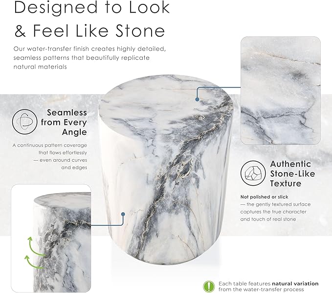 24/7 Shop at Home Ranera Modern 14-inch Natural Stone Side Table with Round Drum Base, Marble Nightstand, Patio End Table, for Living Room, Covered Outdoor Spaces, Balcony, Blue Gray Marble