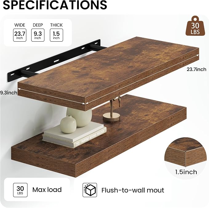 Heimlove 24 inch Floating Shelves for Wall,9.3 inch deep Brown Bathroom Over Toilet Shelf,Wall Mounted Rustic Wood Shelves for,Bedroom,Living Room,Kitchen,Office Decor Set of 2-Brown