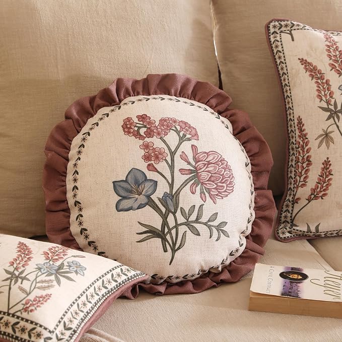 ISAENNE Designer Linen Throw Pillow Cover,Set of 2,Diameter 16"-Helena D | Vintage Elegant Round Decor Pillow Cover,Concealed Zipper Design,Floral Pattern,Sofas,Bedroom,Living Room,Lounge Chairs