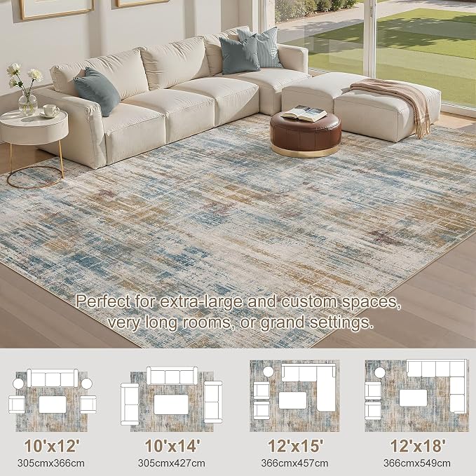 UERMEI 12x15 Area Rug for Living Room: Extra Large Neutral Abstract Carpet Modern Soft Low Pile Stain Resistant Washable for Open Floor Plan Bedroom Dining Office Kids Pets Friendly Blue Brown
