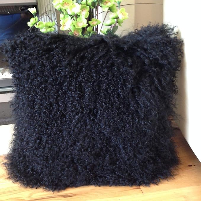Seek4comfortable Real Tibetan Mongolian Lamb Sheepskin Wool Fur Super Soft Plush Leather Pillowcase Cushion Cover,Black, 18x18 inch
