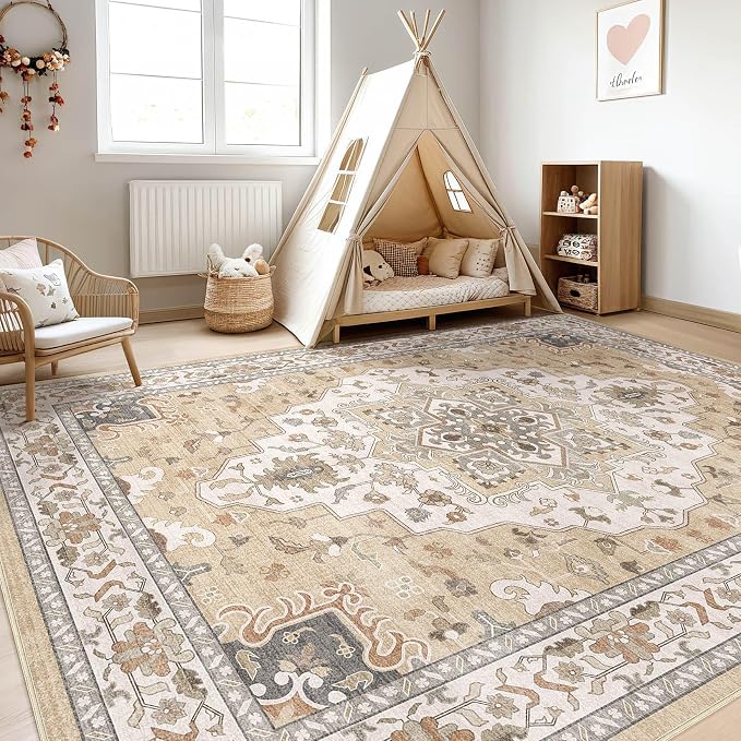 8x10 Area Rugs Living Room: Washable Boho Large Neutral Vintage Soft Rug Stain Resistant Farmhouse Non-Slip Indoor Floor Retro Carpet for Bedroom Nursery Kids Office Dining Room- Sand Gray
