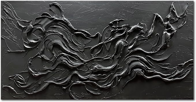 zoinart Hand Painted Large Black Wall Art 30"x60" Thick Texture Minimalist Oil Paintings Contemporary Art Oil on Canvas Abstract Textured Wall Art Pure Black Wall Art