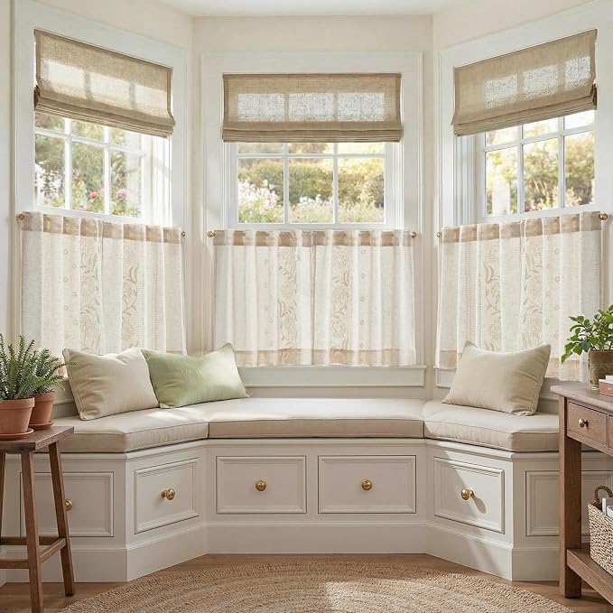 jinchan Winslow Linen Kitchen Curtains 24 Inch Length Small Window Curtains Embroidered Bordered Floral Drapes Light Filtering for Bathroom Laundry Room Farmhouse Decor White on Beige 2 Panels