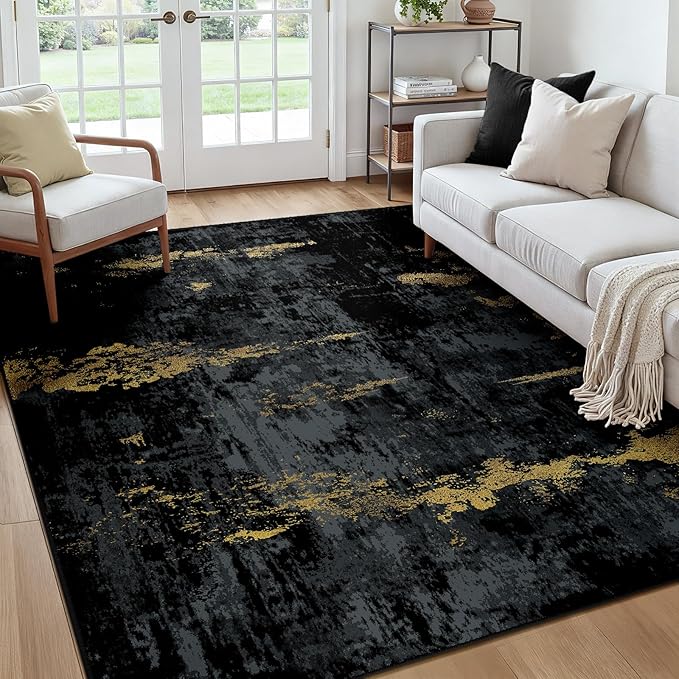 RELEANY Washable Area Rugs Square 7ft Non-Slip Modern Abstract Soft for Living Room Entryway Bedroom Nursery, Print Pattern, Dark Black Gold