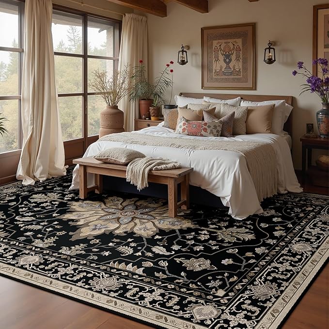 RELEANY Area Rugs 5'x8' Washable Non-Slip, Floral Vintage Distress Print Pattern Medallion Carpet for Living Room Bedroom Dining Room, Black Brown Neutral Dark Tan