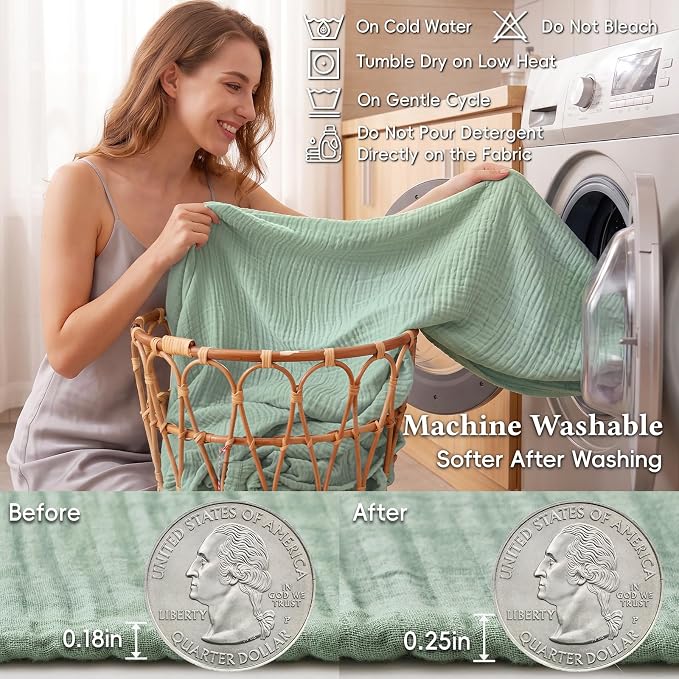 David's Home Soft Muslin Blanket Queen Size for Adults, 60% Rayon 40% Cotton, Breathable Lightweight Cooling Blanket for Hot Sleepers, 4-Layer Cozy Gauze for Bed, 90"x90", Sage Green