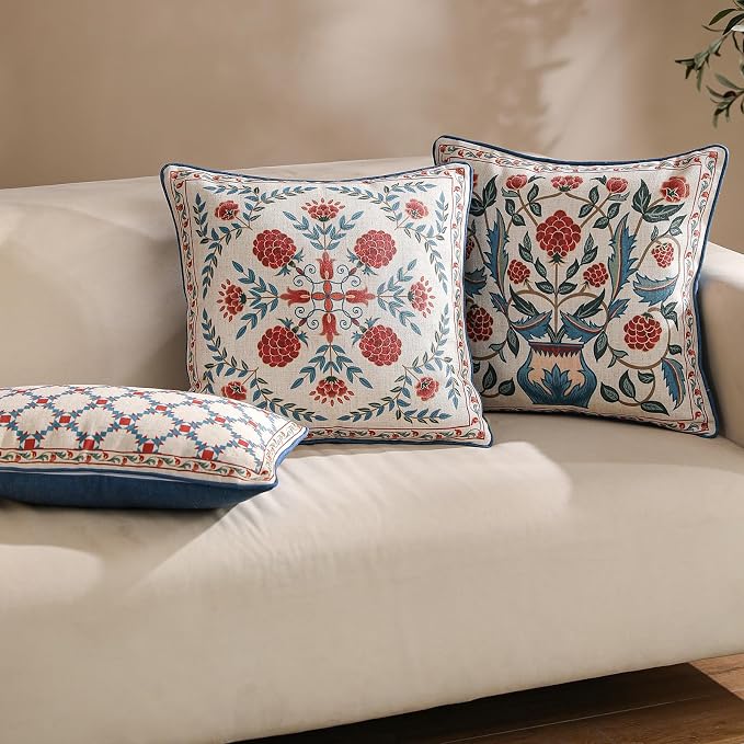 patdrea Designer French Vintage Linen Throw Pillow Cover,18"x18"-Puno A | Elegant Decorative Pillow Case with Zipper,Elegant Floral Pattern,Pillow Cover for Couch Living Room Bedroom Sofa