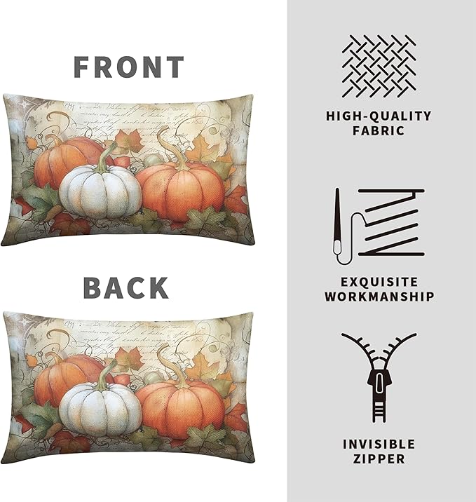 Fall Outdoor Lumbar Pillow Covers 12x20 Watercolor White Orange Pumpkin with Maple Leaves Rectangle Pillow Case Set of 2 Autumn Waist Cushion Case for Couch Patio Bench
