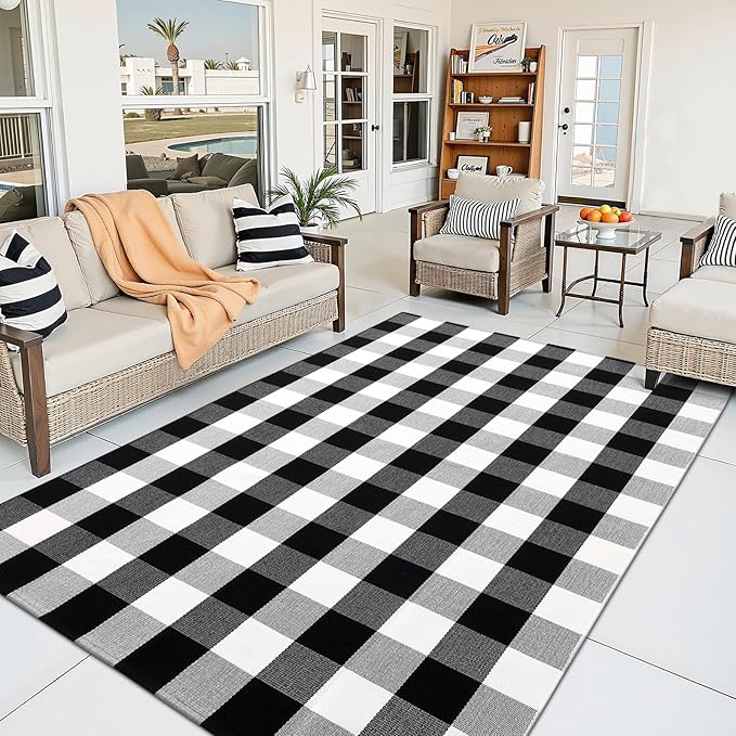 OLANLY Buffalo Plaid Rug 3' x 5' – Black and White Cotton Checkered Doormat, Washable Indoor Outdoor Rug for Layered Front Porch, Kitchen, Entryway Decor