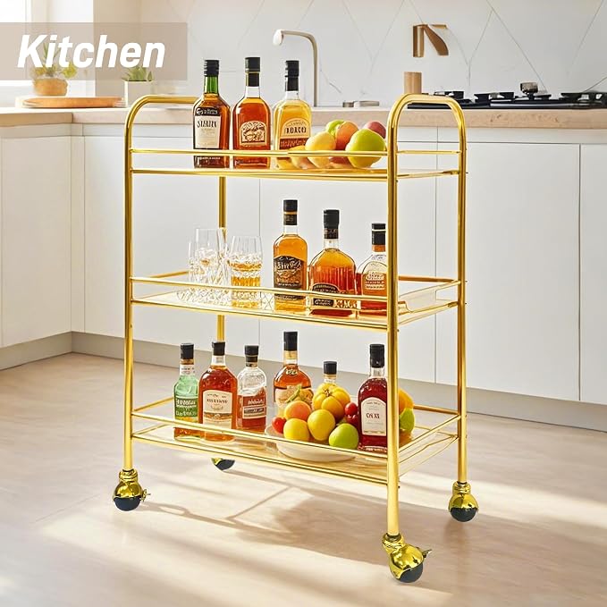 susunnus 3-Tier Gold Stainless Steel Bar Cart with Lockable Wheels,Home bar | Electroplated golden coating,with 4D guardrail,fall prevention,rustproof,wheels upgrated,for kitchen,living room,dinner party