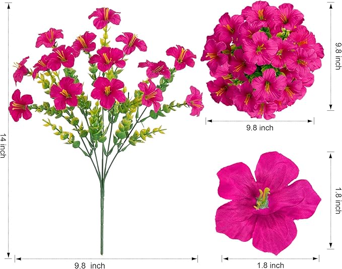 Artificial Flowers for Outdoors Fake Plants Outside Decoration, 20 Bundles Fuchsia Silk Petunia with Eucalyptus UV Resistant Realistic Faux Flowers for Outdoor Planters Garden Balcony Yard Porch Patio
