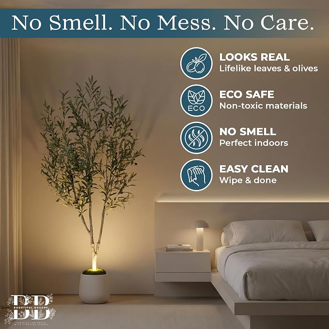 6ft Lifelike Artificial Olive Tree with Light, White Pot, Moss & LED | 943 Vein-Detailed Leaves · 52 Olives · 4ft Wired USB LED with Switch · Moss Included · Shapeable Branches · Zero Maintenance