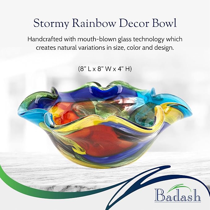 Badash Stormy Rainbow Art Glass - Murano-Style Art Glass Bowl Centerpiece - 8" Mouth-Blown Glass Bowl - Decor Bowl Centerpiece Home Decor Accent