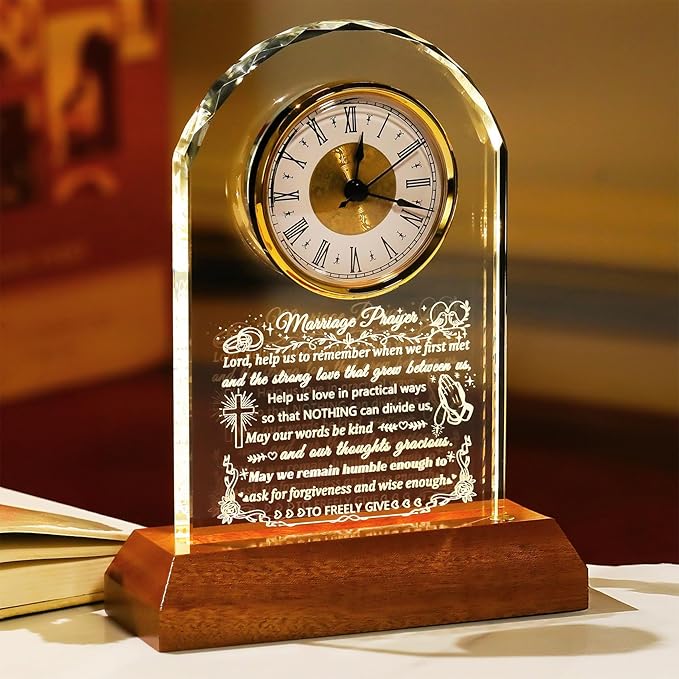 Ornalrist Wedding Gifts for Couples 2026 - Glass Clock with Wooden Light Base Happy Anniversary Marriage Prayer Wedding Gifts for Bride and Groom Engagement Newlywed Mr Mrs Gifts