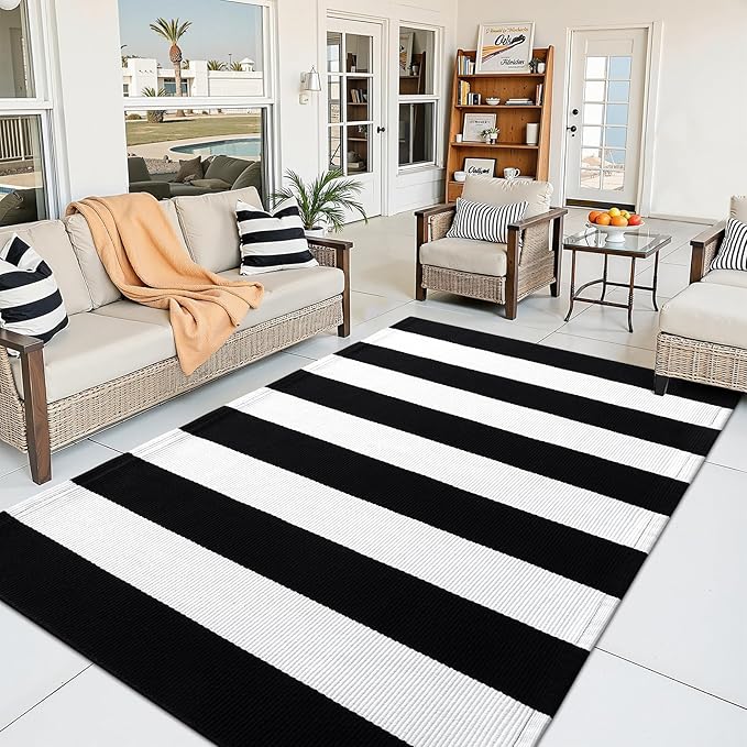 OLANLY Black and White Striped Rug 5' x 7' – Washable Cotton Indoor Outdoor Doormat for Front Door, Entryway, Kitchen, Porch, Patio Decor