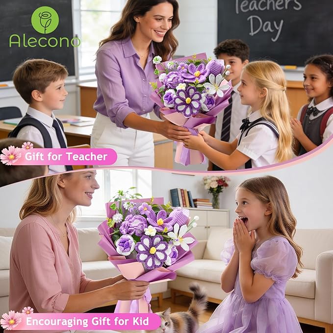Alecono Large Crochet Flower Bouquet, Knitted Artificial Flowers, Crochet Tulip as a Gift for Valentines Day Mothers Day, Graduation Gifts for Girls Women (Purple)
