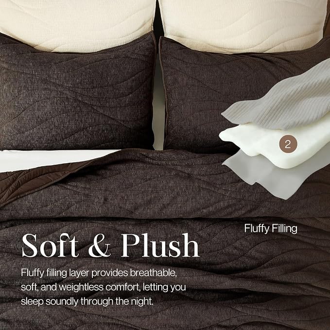 DOWN HOME Crinkle Textured Velvet Quilt Set with Shams, All-Season Luxury Modern Bedding,Easy Care Comforter,Ultra-Soft,Lightweight & Breathable, King, Antique Brown