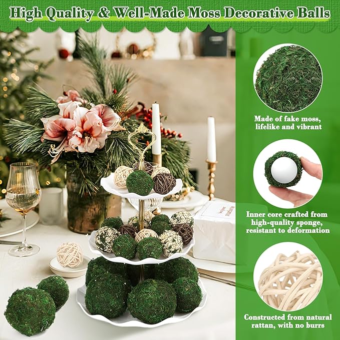 Lezmarket 24 Pcs Decorative Moss Balls for Centerpiece Bowls - Assorted Sizes Fake Moss Balls+Wicker Rattan Balls+Flower Balls, Artificial Greenery Vase Fillers for Home Garden Farmhouse Rustic Decor