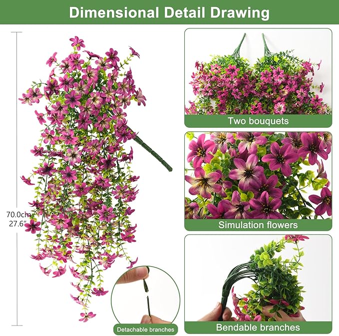 ZFProcess Artificial Hanging Flowers Plants for Outdoor Spring Decoration, 2PCS Faux Silk Daisy UV Resistant Look Real for Outside Home Indoor Planter Porch Garden Yard Decor(Light Purple Red)