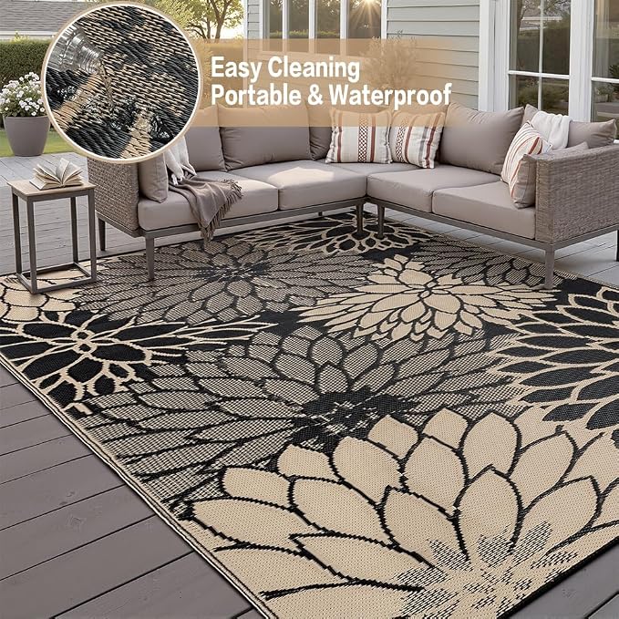 HUGEAR 6'x9' Outdoor Rug Waterproof Plastic Straw Rugs Brown Reversible Floral Mat Floor Carpet for Camping RV Deck Entryance Porch Picnic Balcony Beach Backyard